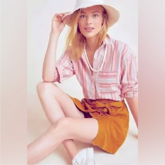 Maeve Tops - Anthropologie Maeve Pink Striped Linen Cotton Long Sleeve Blouse Shirt Size M